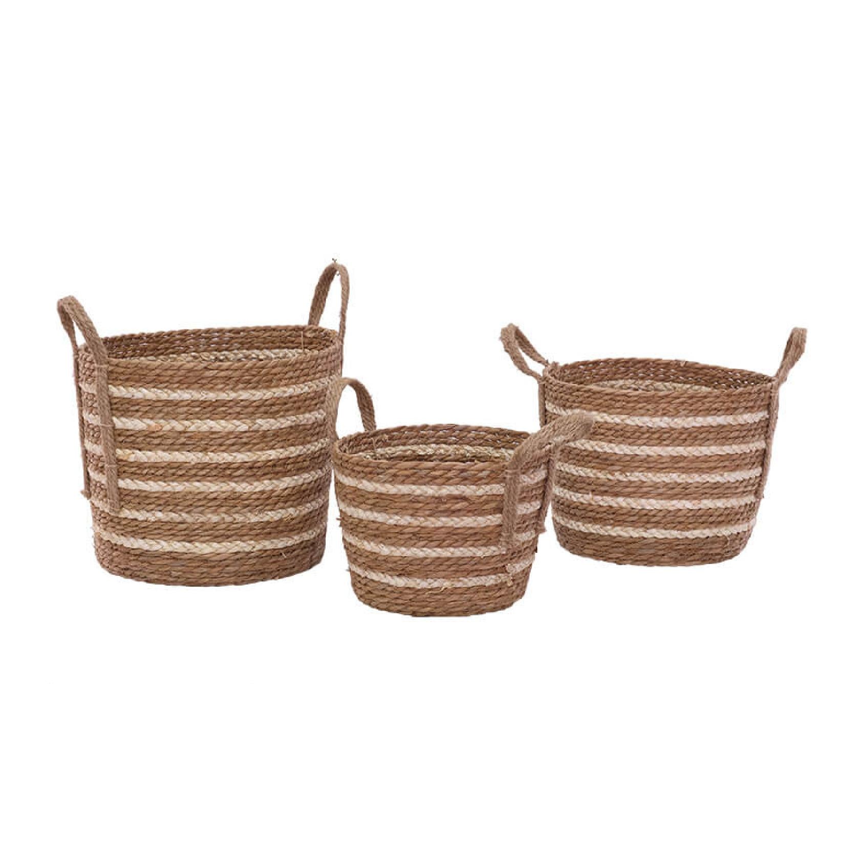 Three woven baskets with a striped pattern