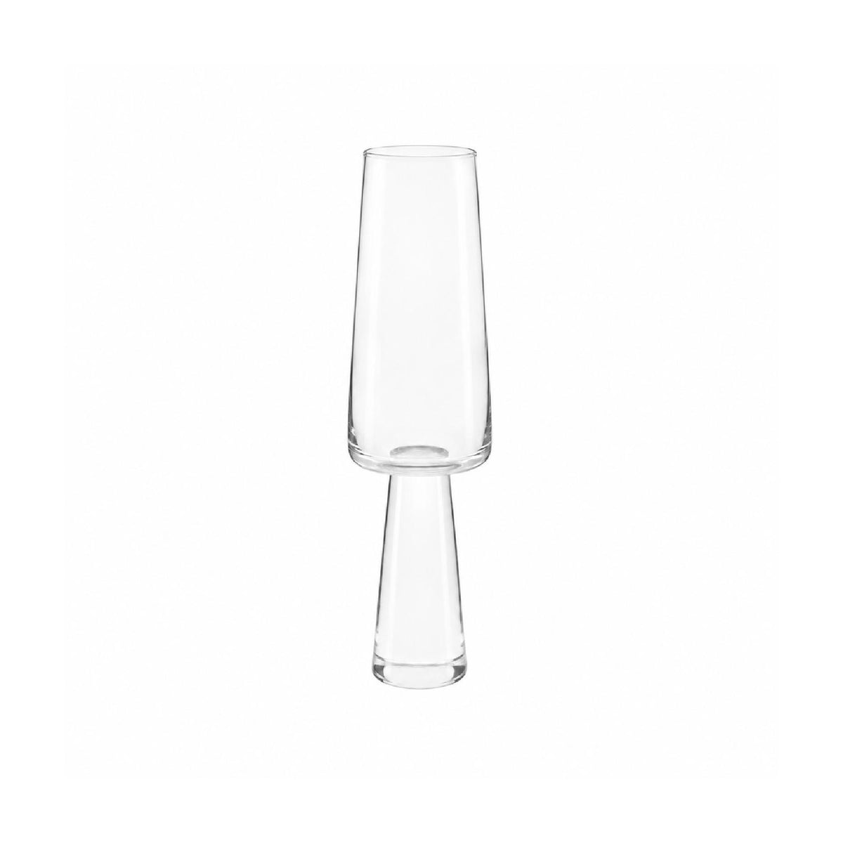 Clear tapered glass champagne flute with a tall, modern silhouette