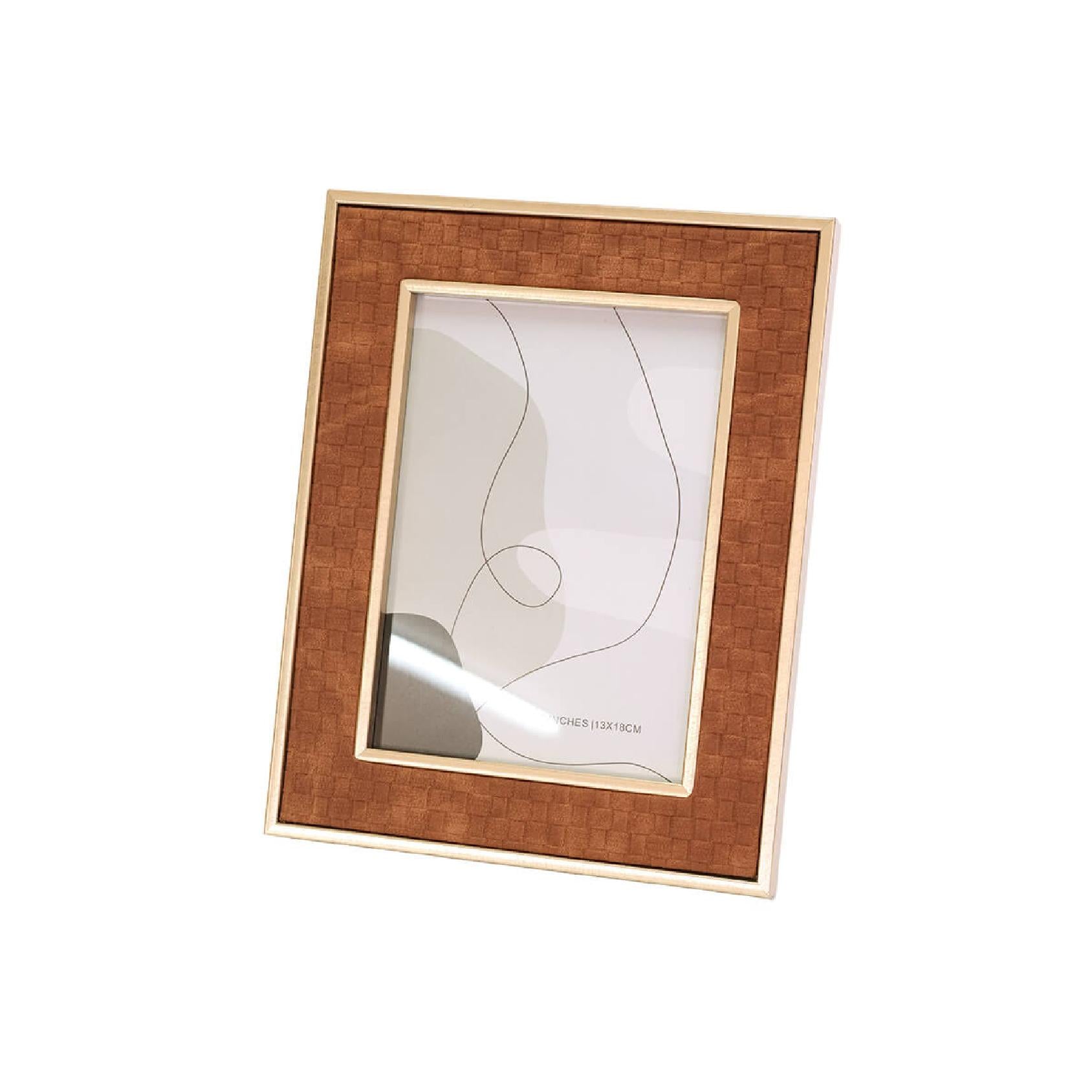 Textured faux leather photo frame with gold border
