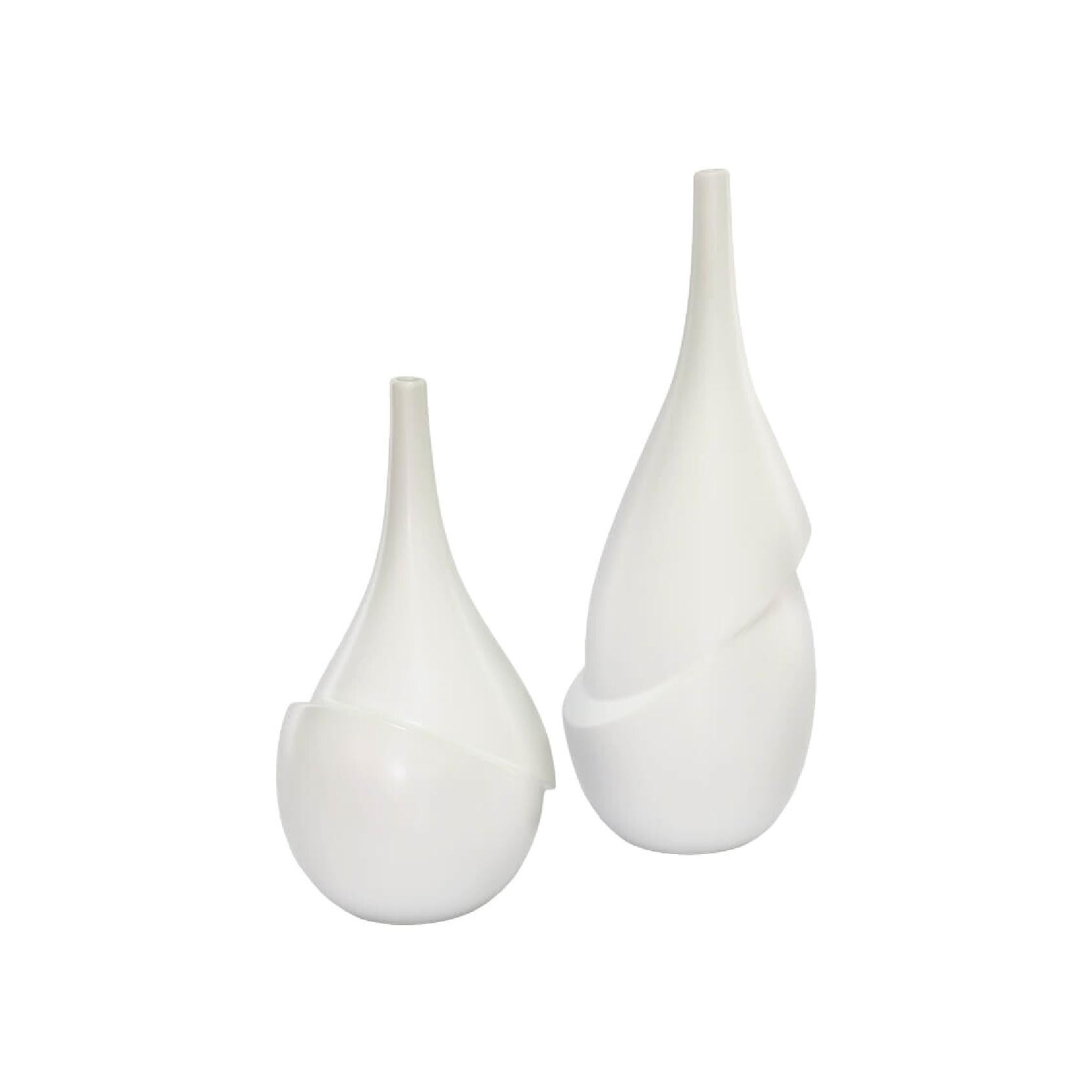 Set of two modern white ceramic art vases with matte finish