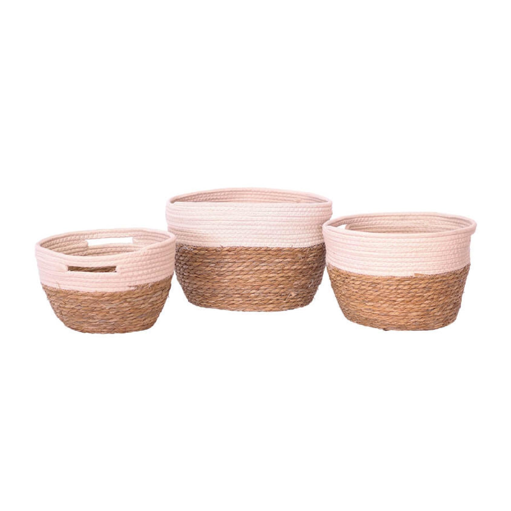Three woven baskets with a white and brown stripe