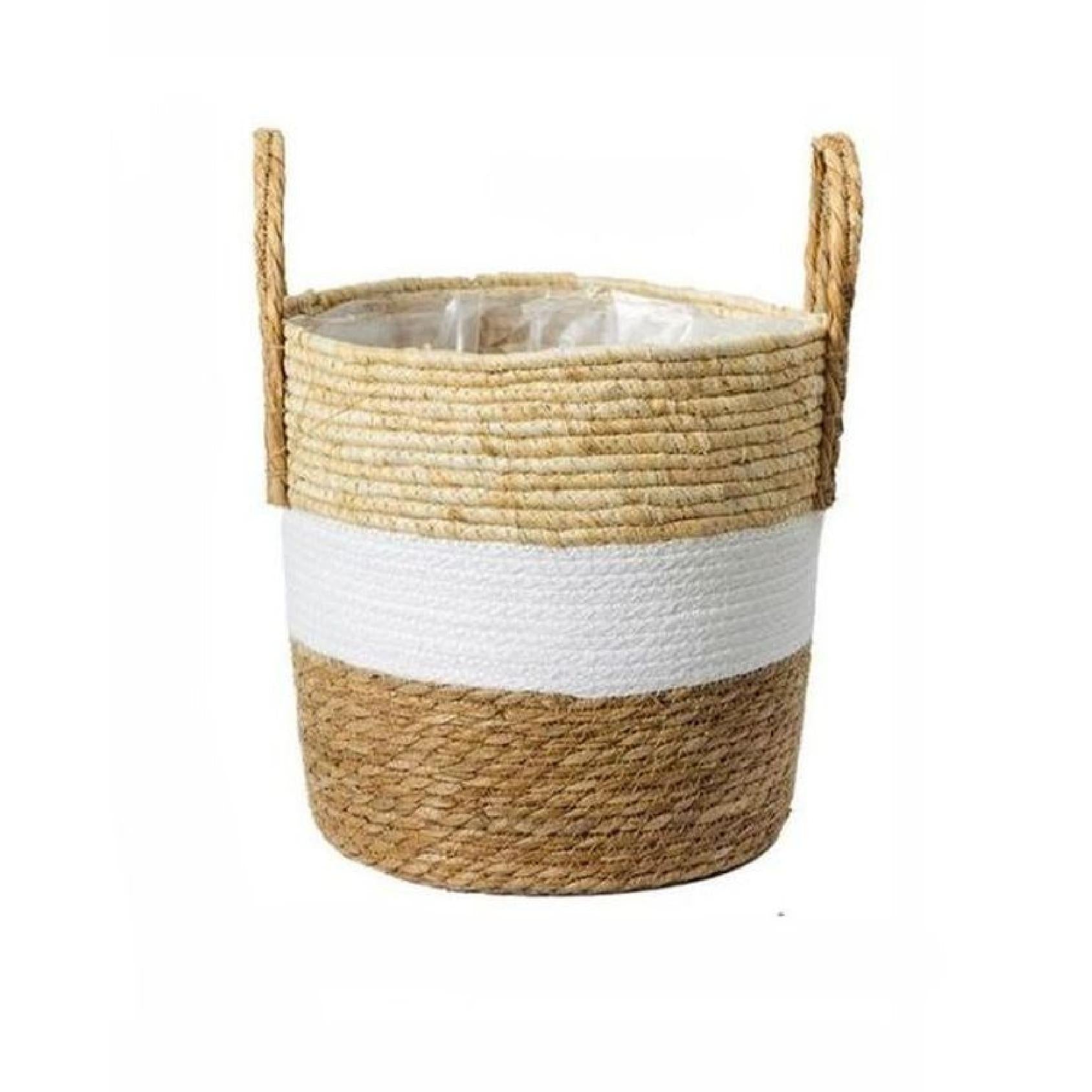 Woven seagrass basket with white stripe