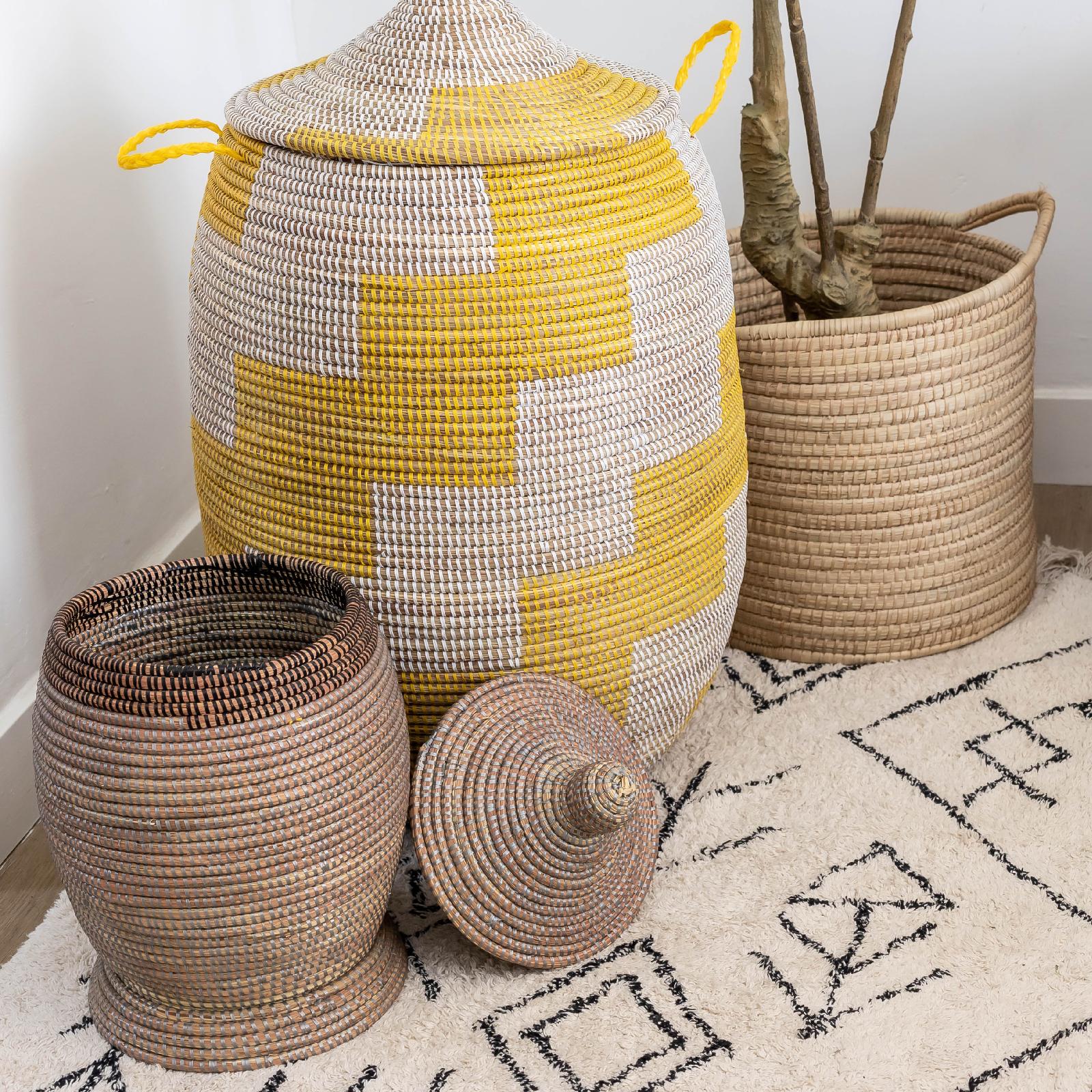 Woven natural storage basket styled