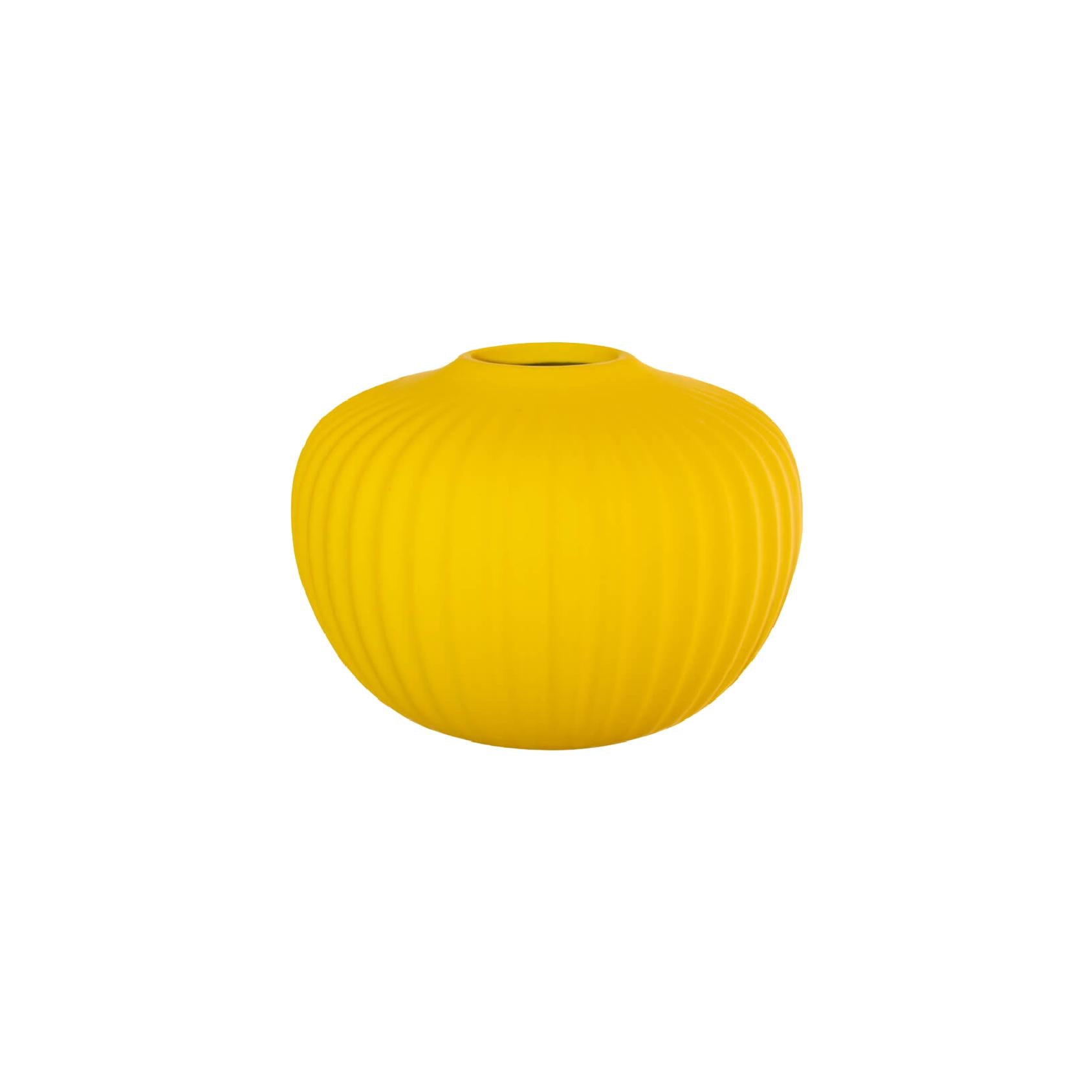 Round yellow ribbed ceramic vase