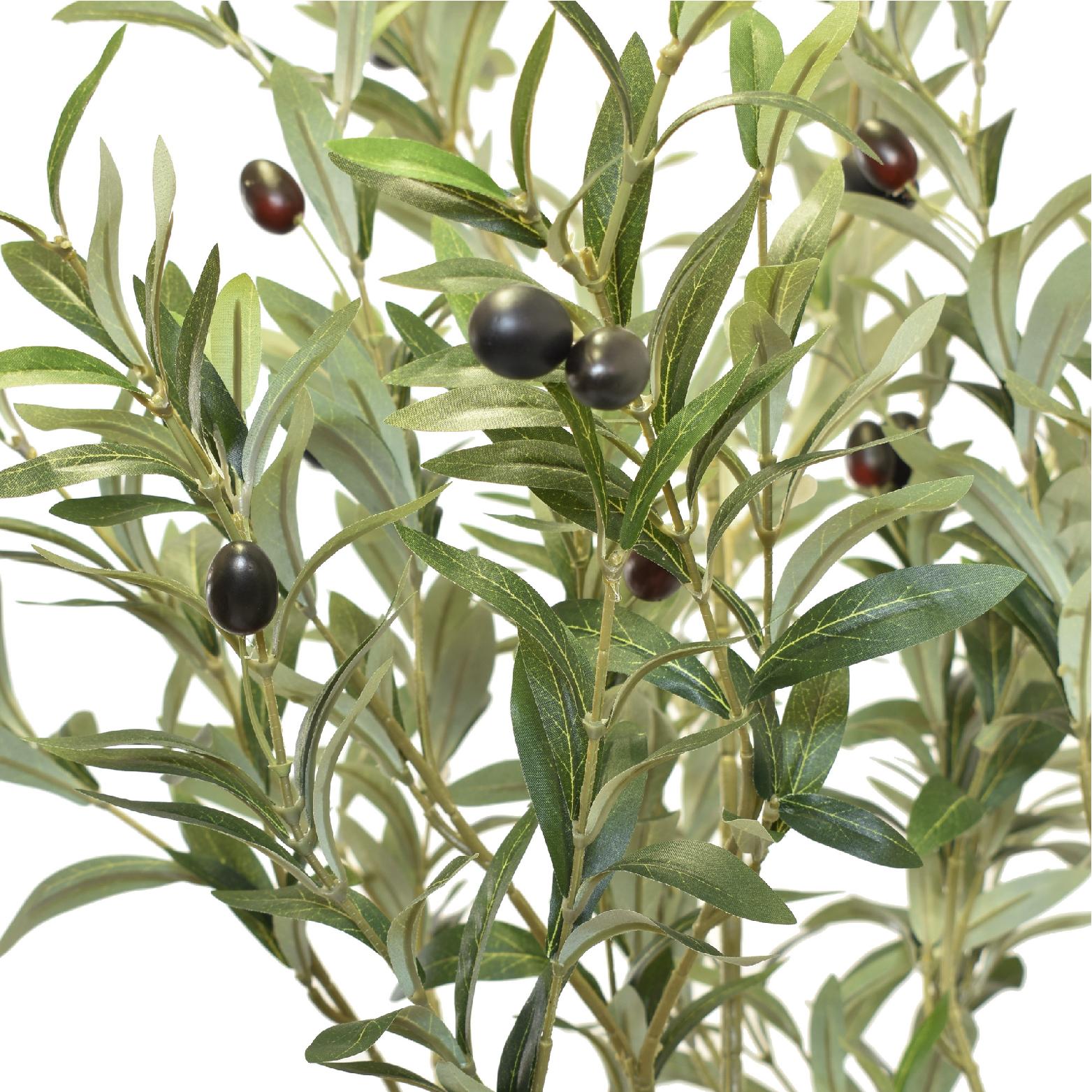 Close-up of artificial olive tree leaves & faux fruit for realistic finish