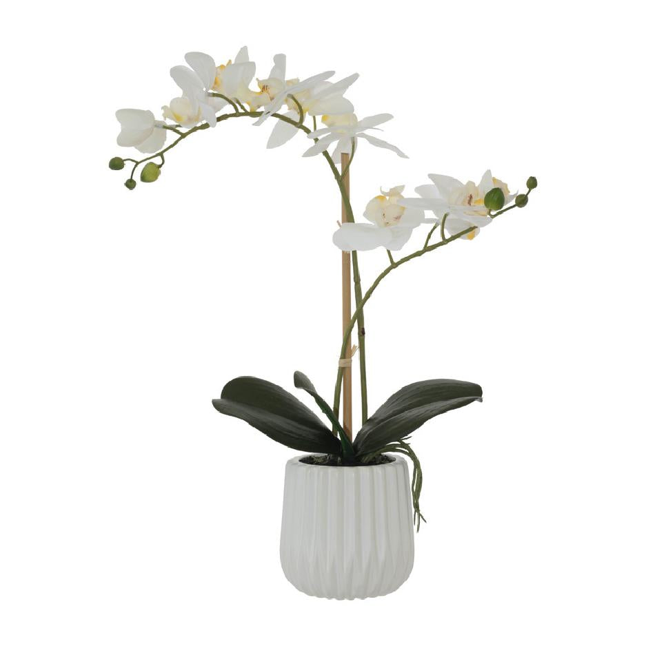 Artificial white orchid in a white ceramic pot