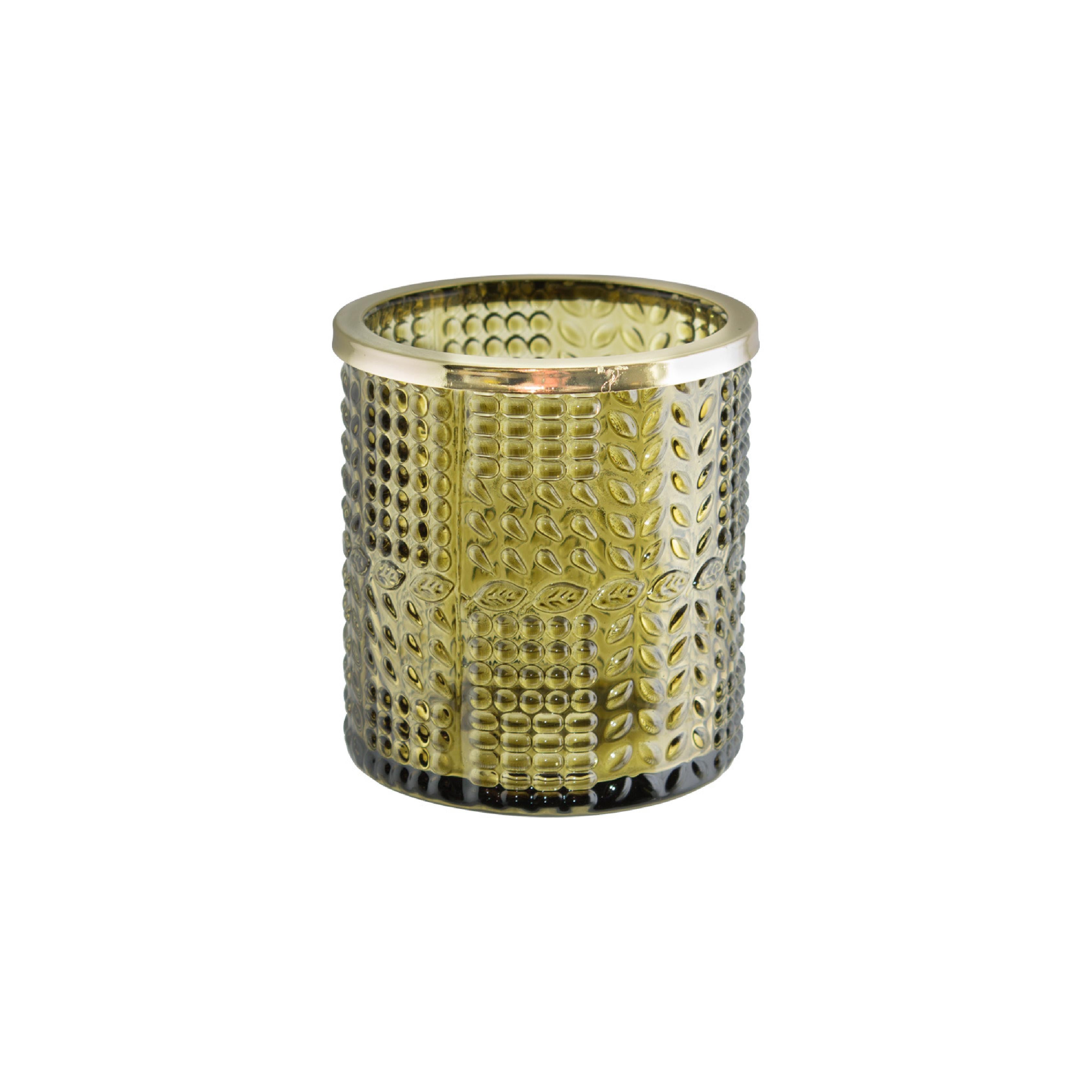 Green textured glass votive with a decorative gold metal rim