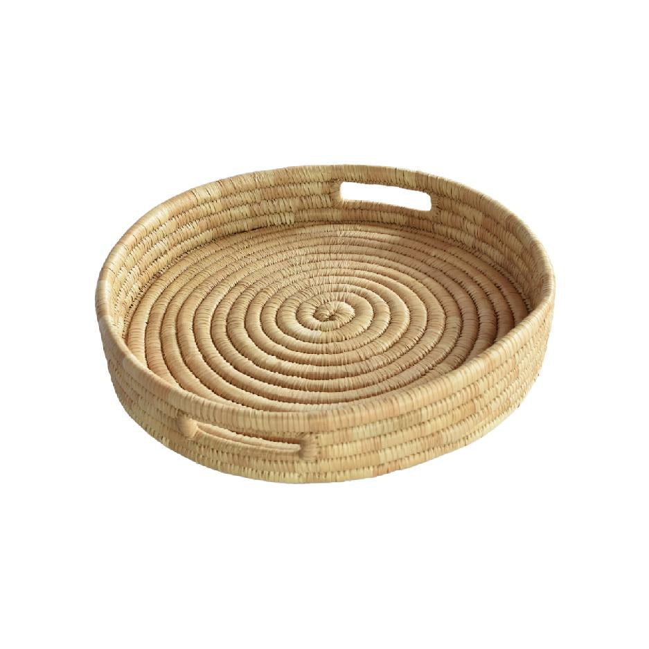 Round woven tray with handles