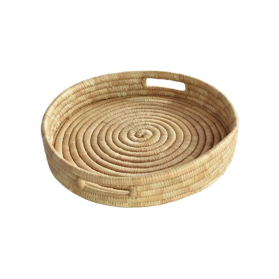Round woven tray with handles