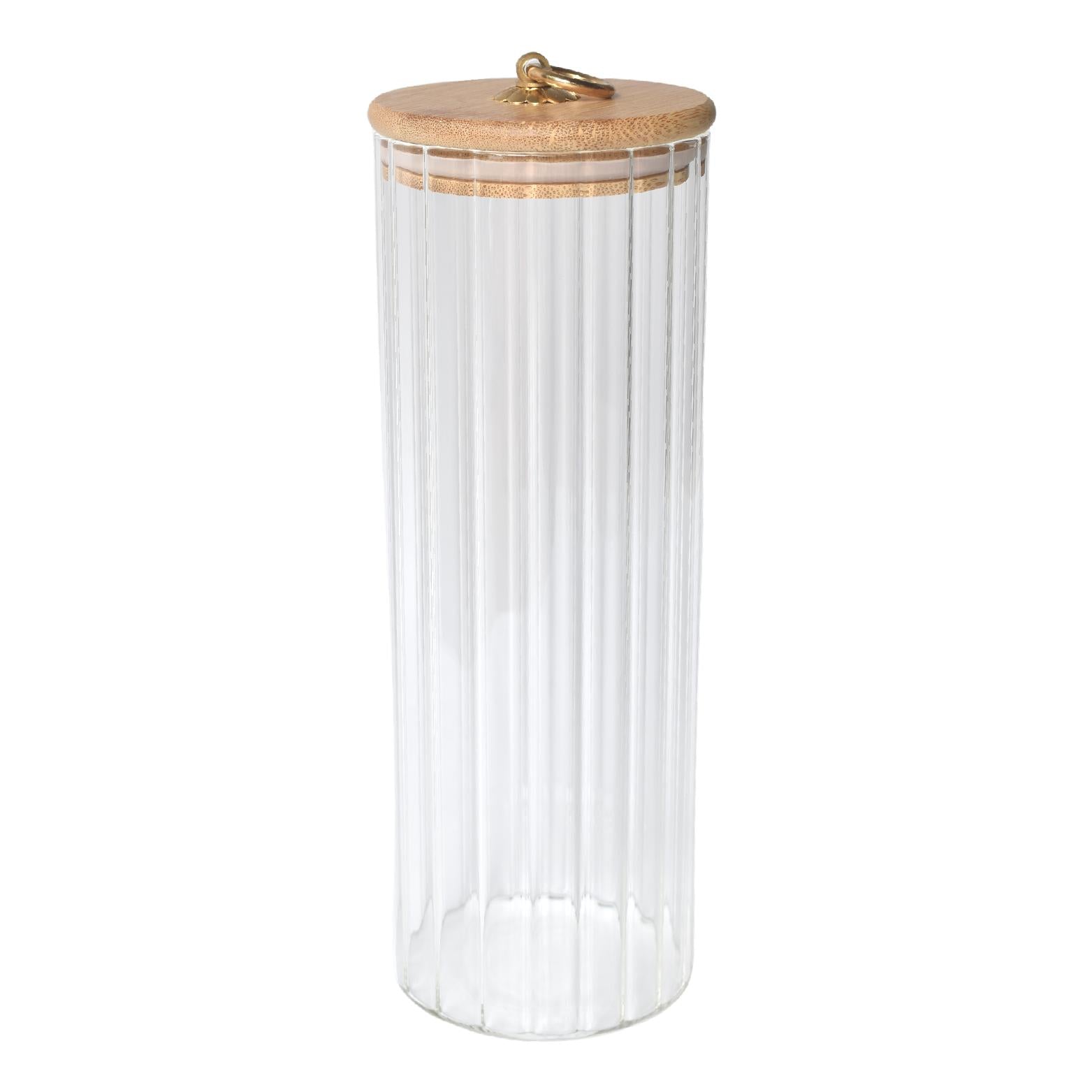 1L ribbed wave glass storage jar with airtight bamboo lid & gold handle