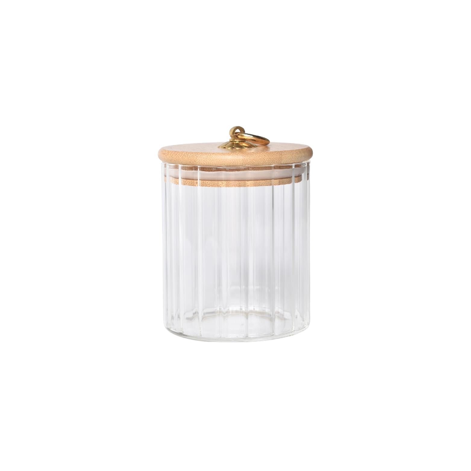 400ml ribbed glass storage jar with bamboo lid & gold handle for kitchen use