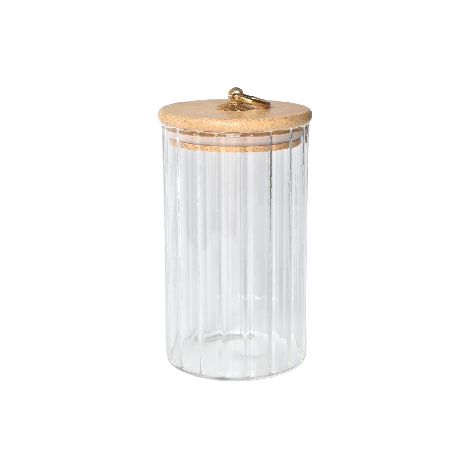 600ml ribbed glass jar with airtight bamboo lid & gold handle