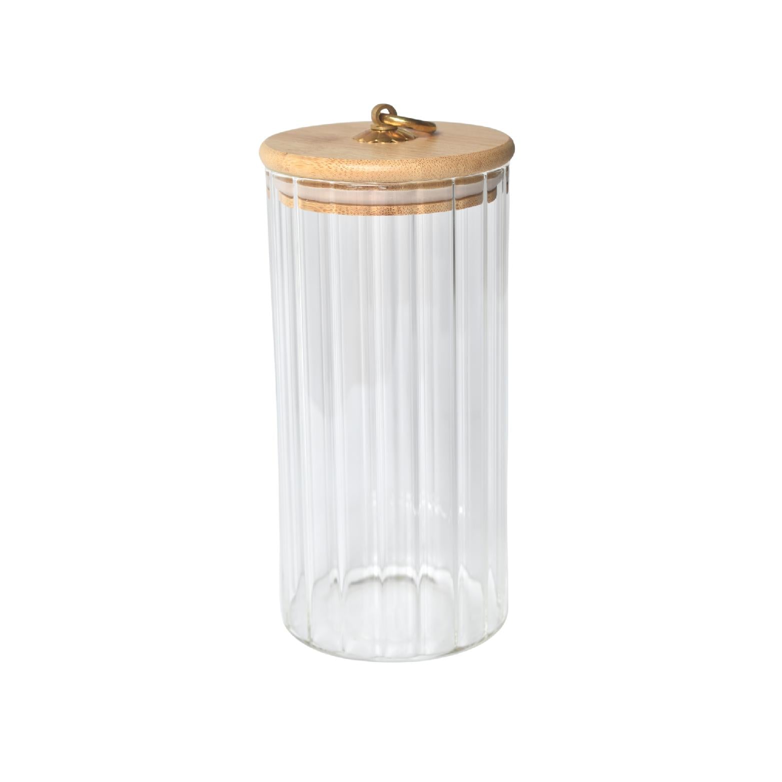 700ml clear glass pantry jar with ribbed sides & bamboo lid with gold detail