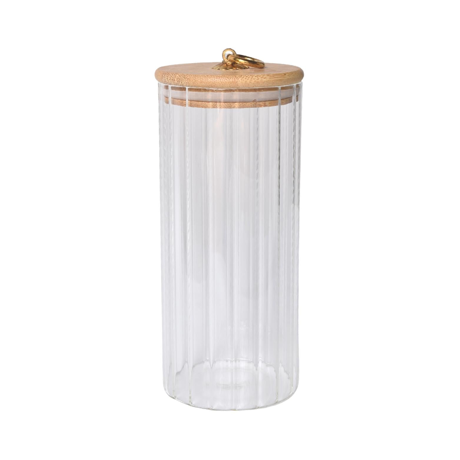 800ml ribbed glass storage container with bamboo lid & gold handle