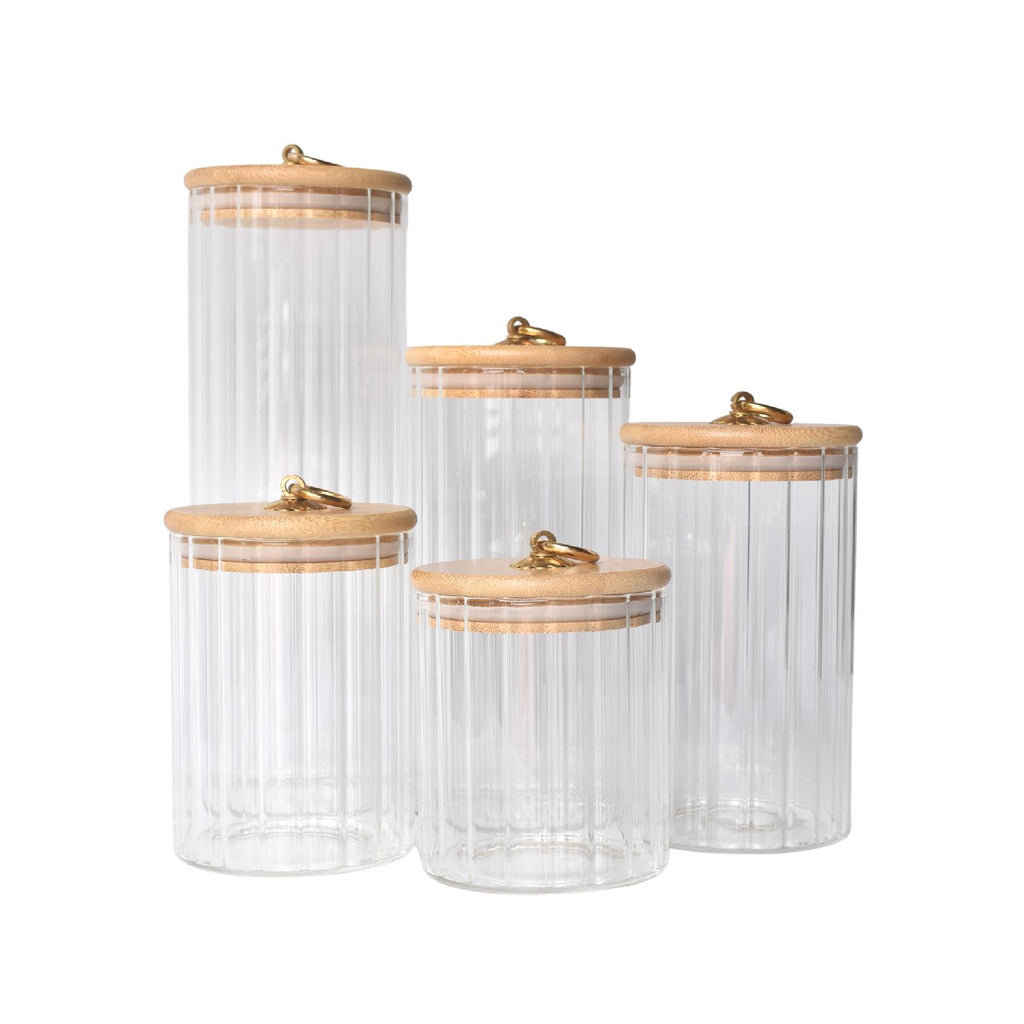 Ribbed glass storage jar with bamboo lid and gold handle