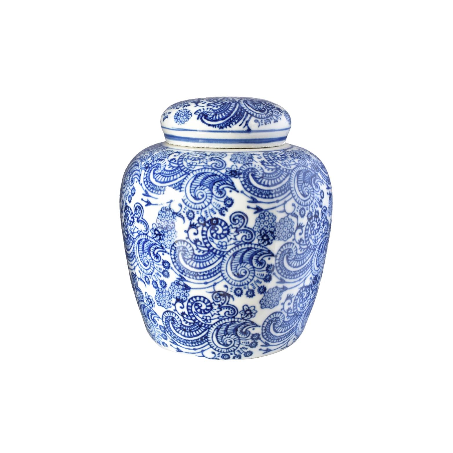 Navy and white round ginger jar with lid