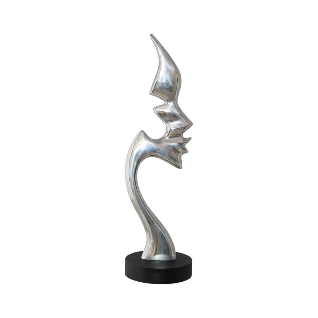 Silver metal abstract face sculpture with base