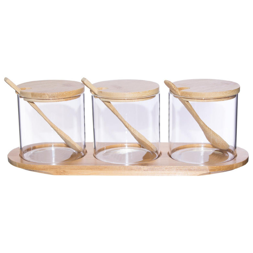 Glass storage set with bamboo display tray and lids and spoons