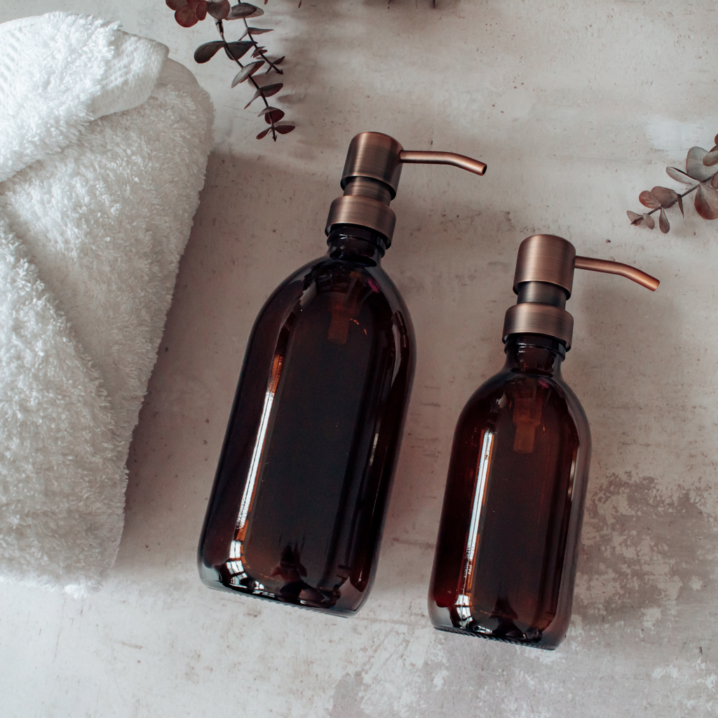 Amber glass soap dispenser bottles