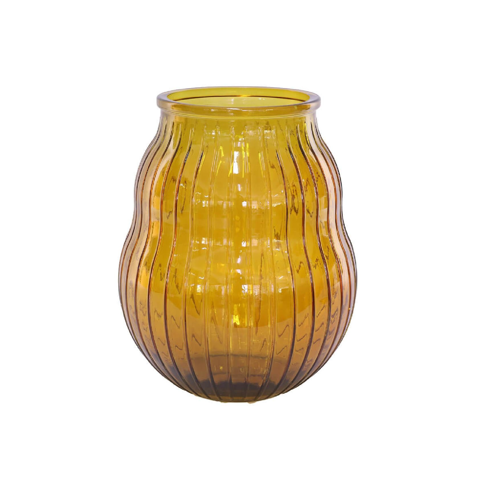 Yellow glass vase with ribbed texture