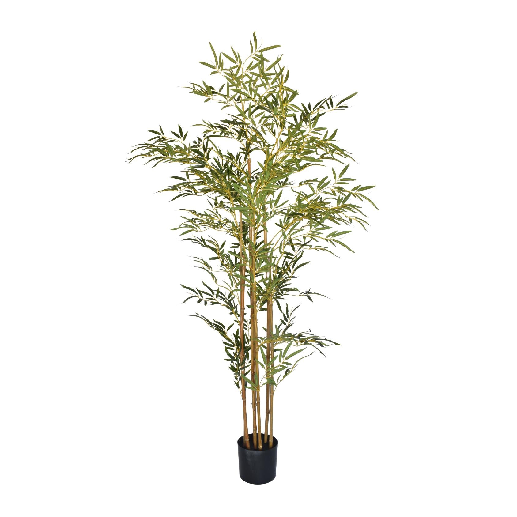 Artificial bamboo plant in a black plastic pot
