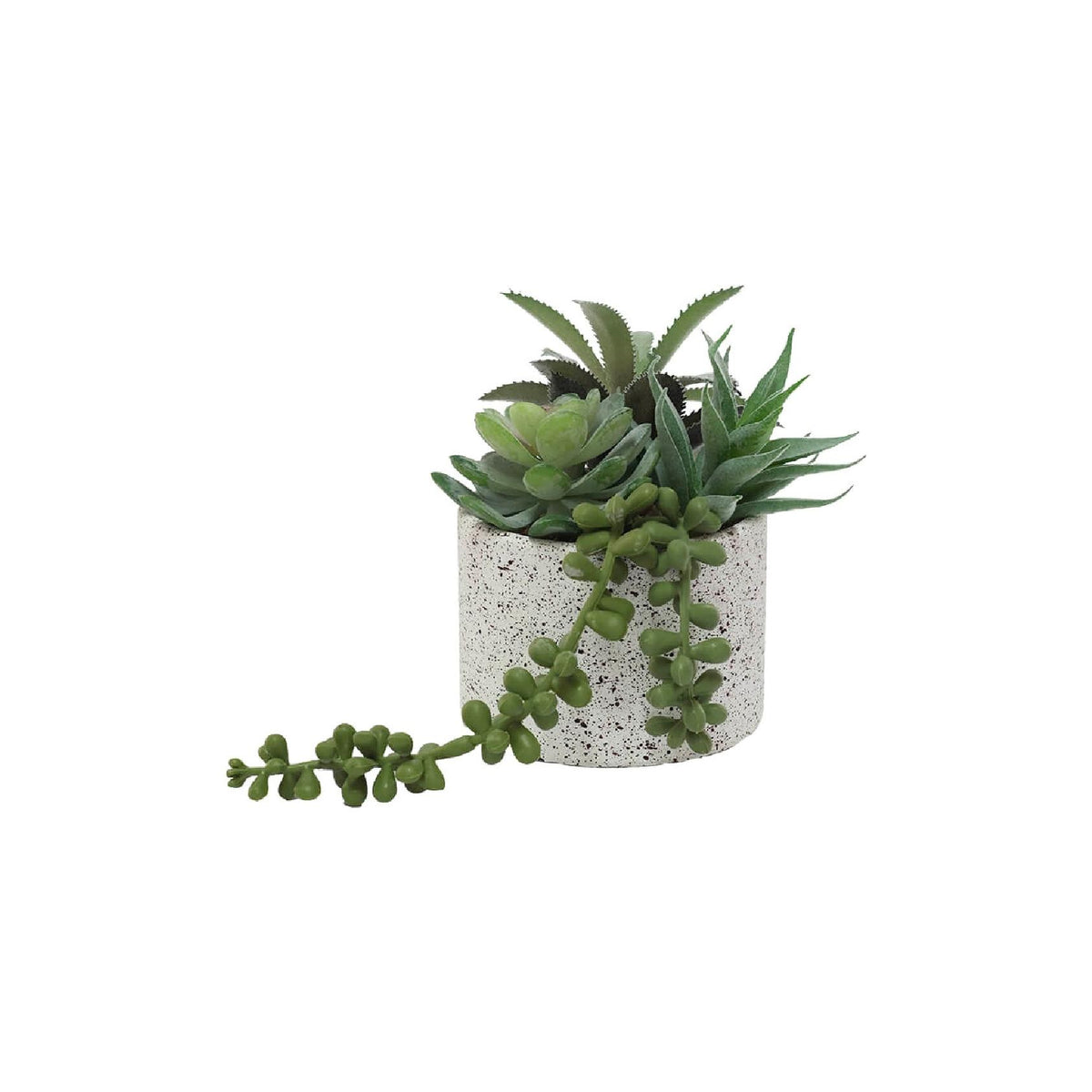 An artificial faux succulent plant arrangement in a cylindrical pot