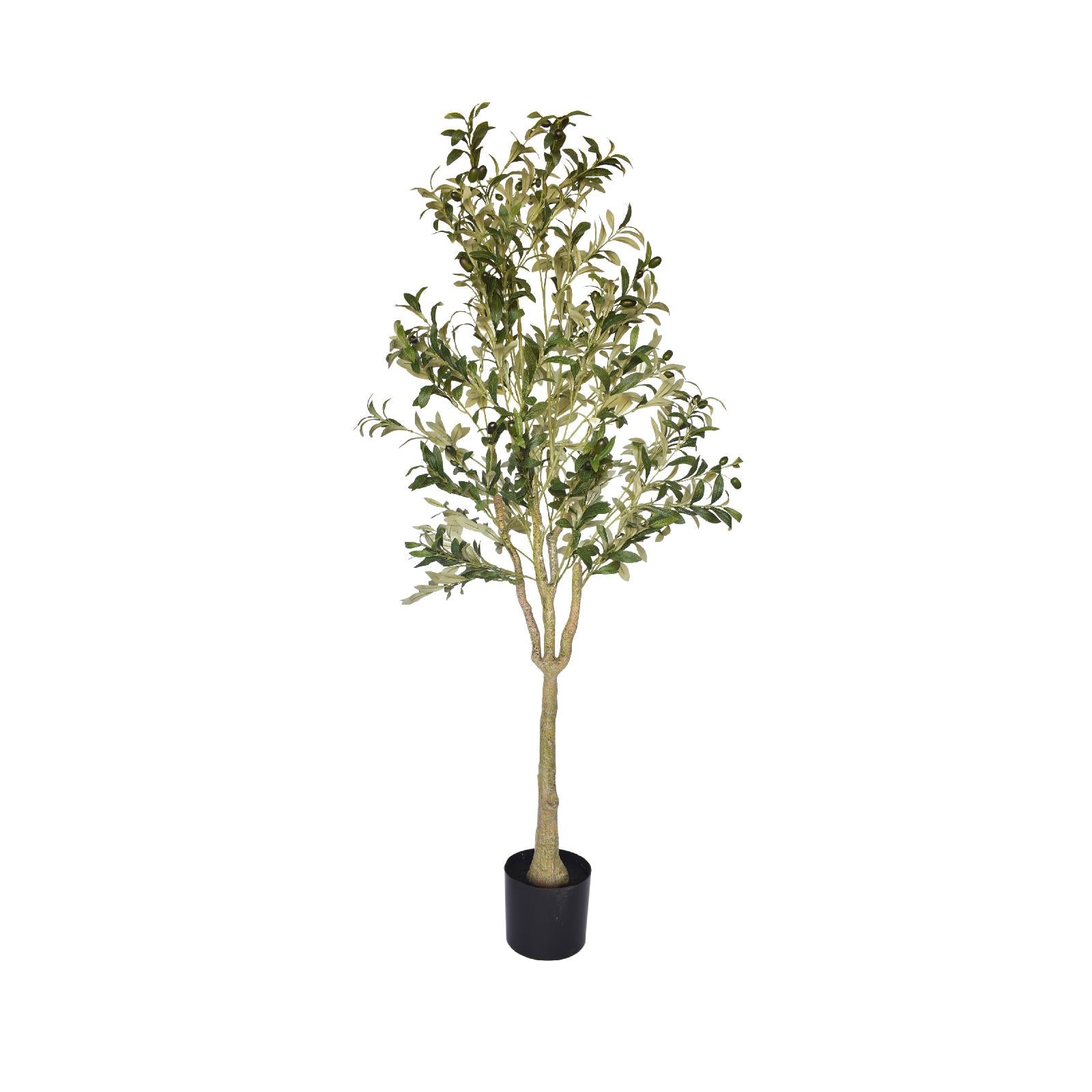 Artificial high-quality olive tree with faux olives in a black base against a white background