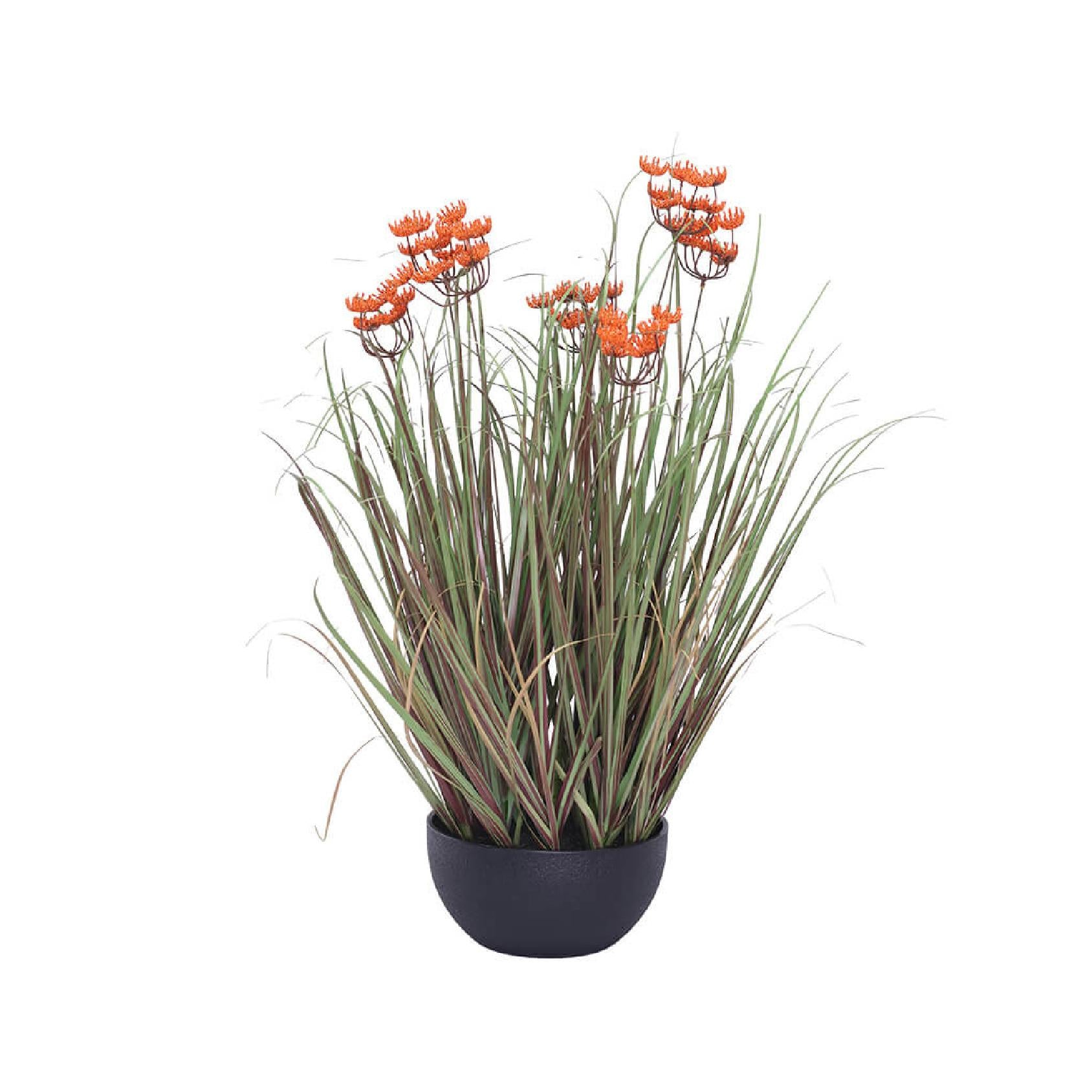 Artificial potted plant with orange flowers and long green leaves