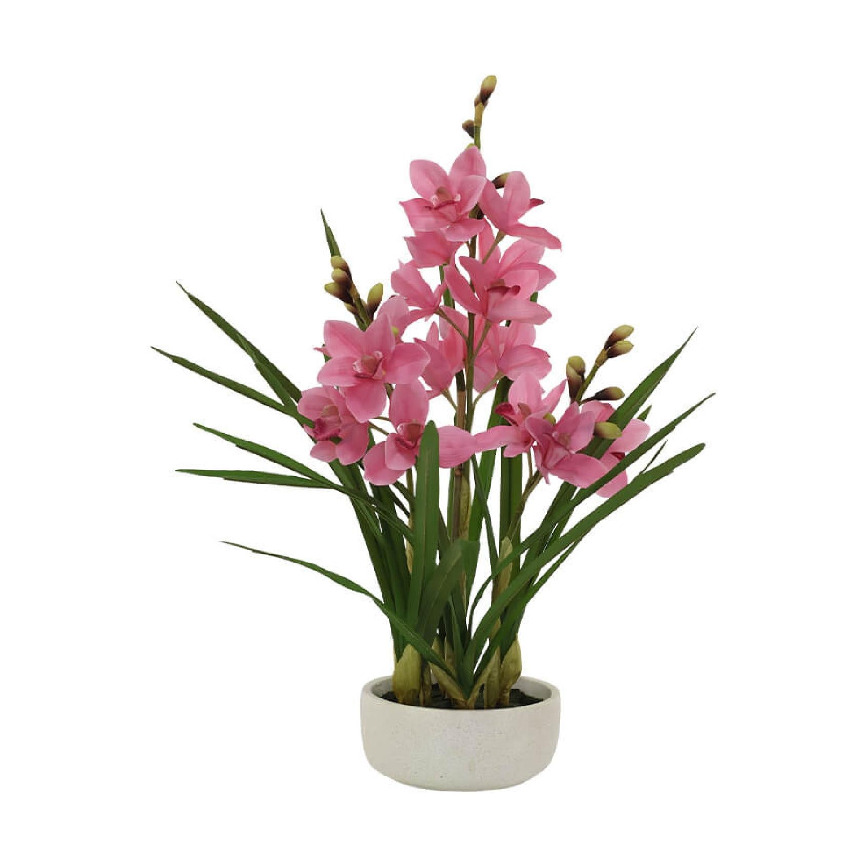 Artificial pink cymbidium plant in white ceramic pot