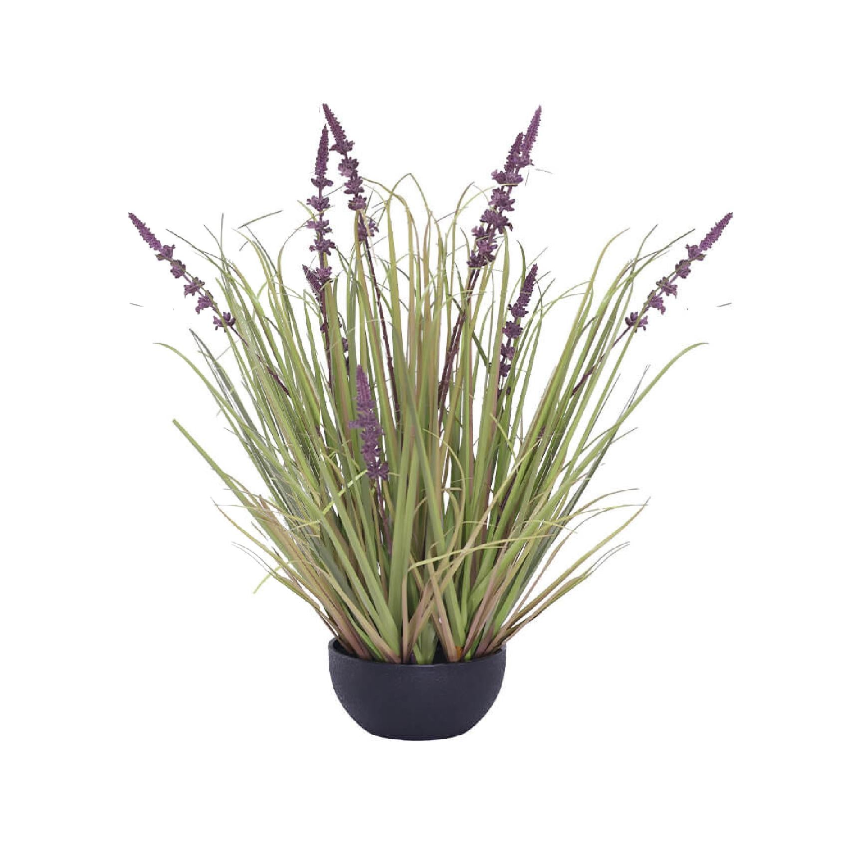 Potted artificial plant with purple lavender flowers and long green leaves