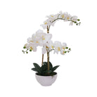 Artificial white multi-stemmed orchid in a round ceramic pot