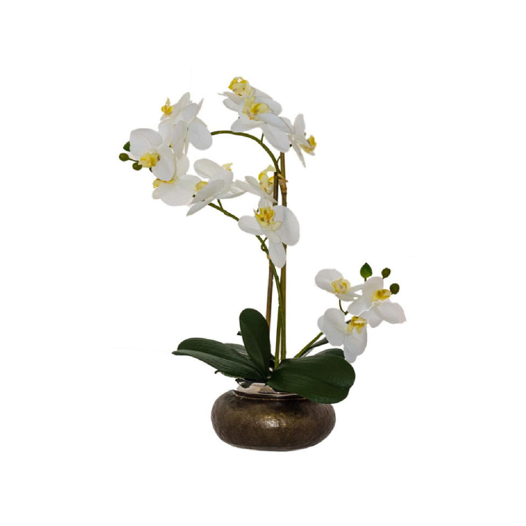 Artificial white real touch orchid in a ceramic pot