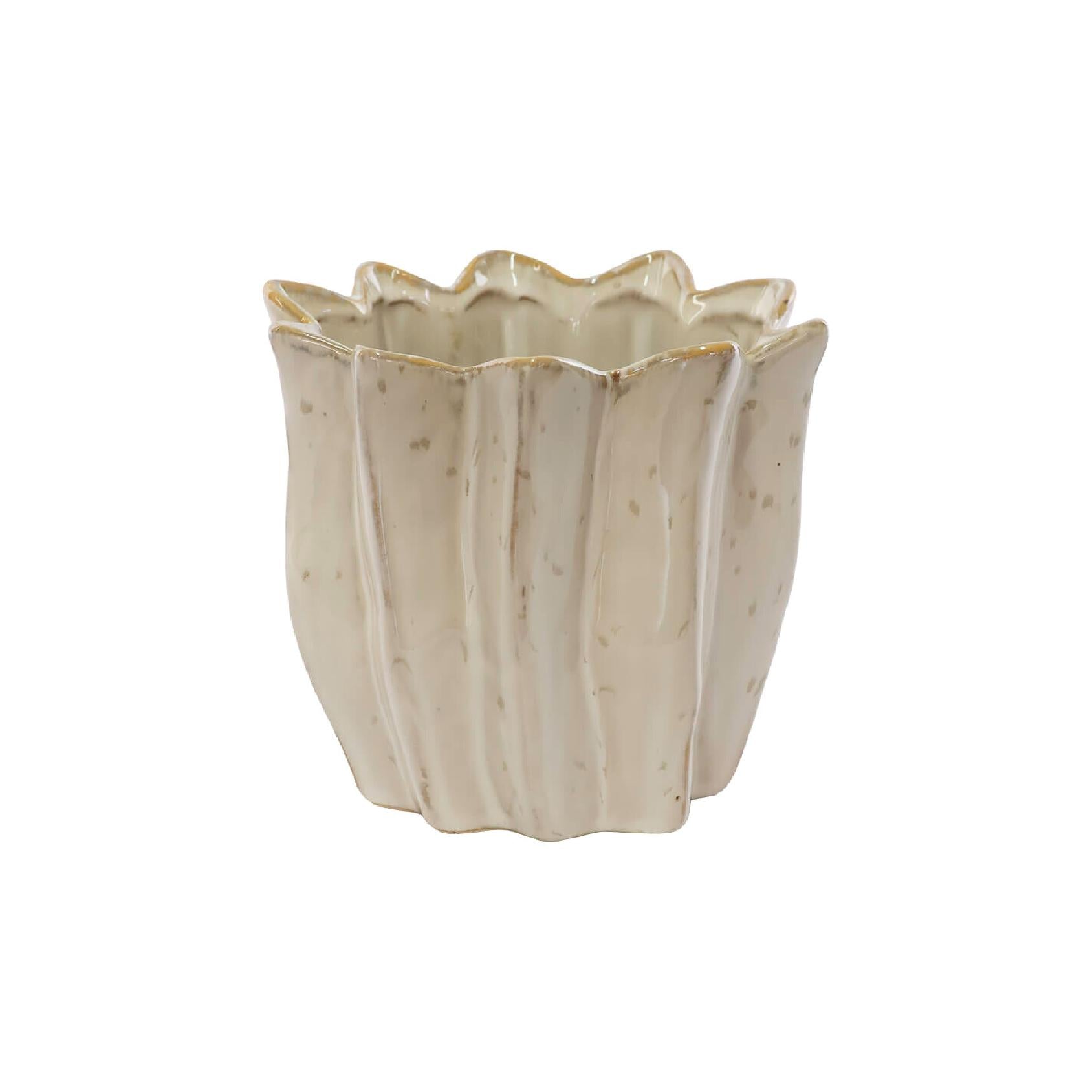 Beige flared ceramic planter with glossy finish & scalloped edge
