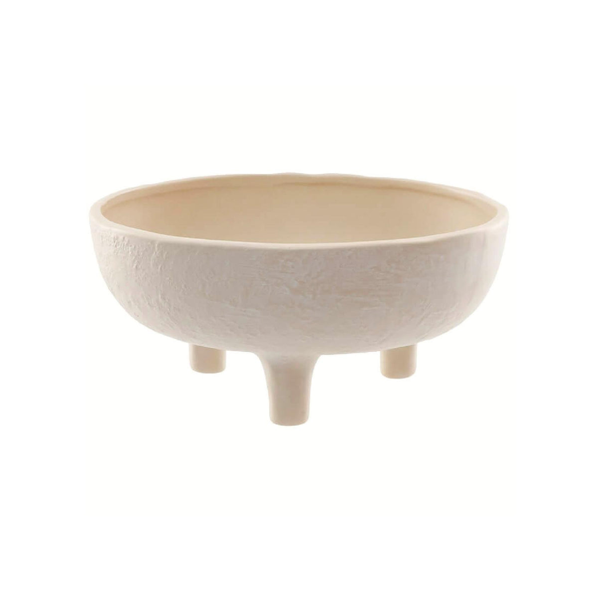 A beige ceramic decorative bowl with a textured exterior and three short legs