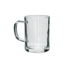 A clear glass mug with a handle