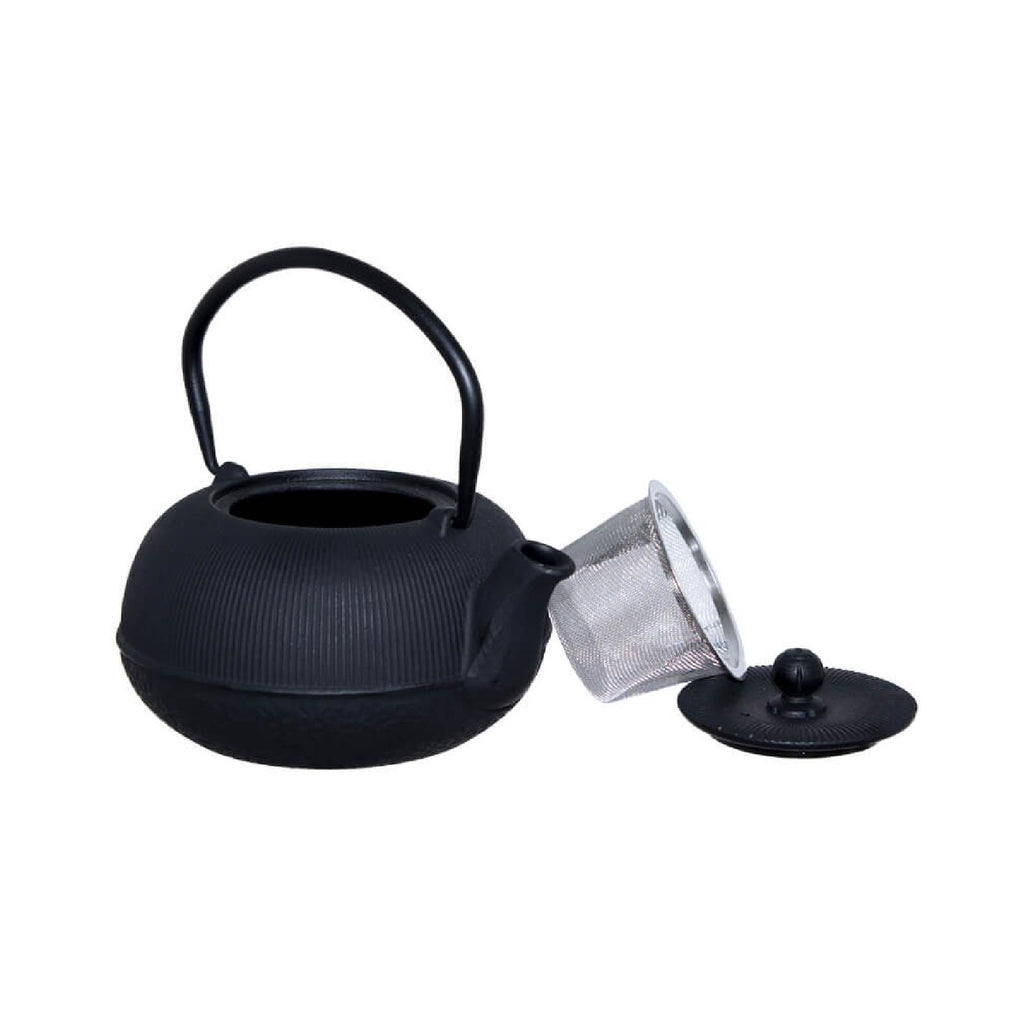 Black cast iron teapot with stainless steel infuser