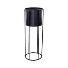 Black metal round planter stand with tall open-frame legs & matte black plastic pot