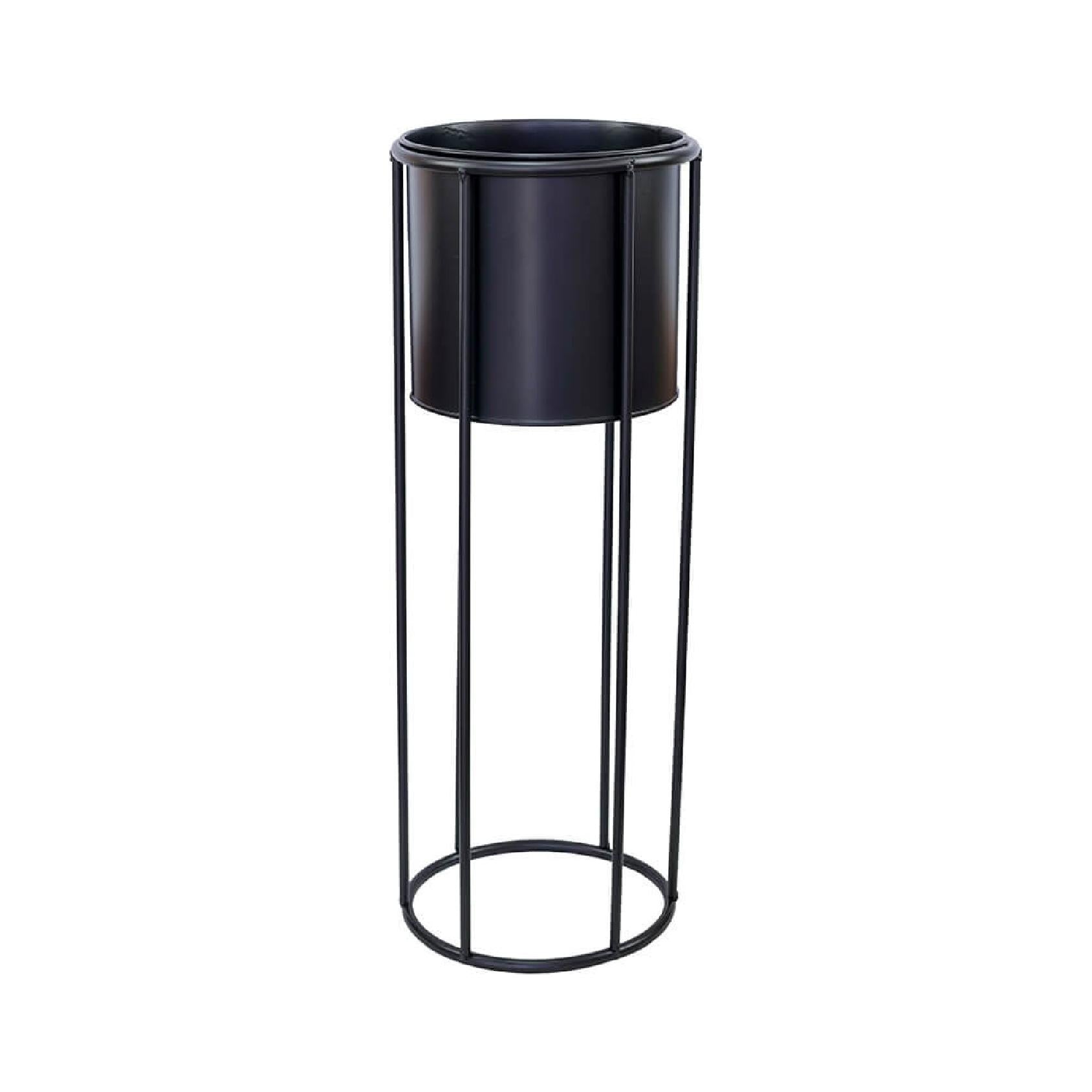 Black metal round planter stand with tall open-frame legs & matte black plastic pot