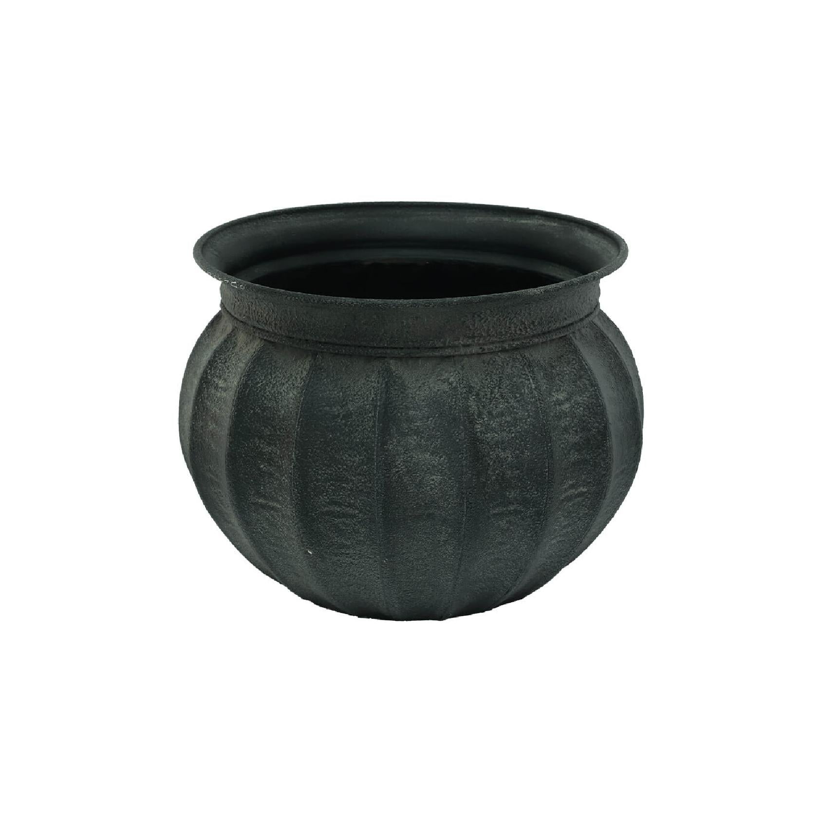 Black ribbed metal decorative pot