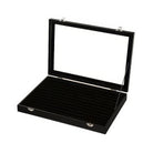 Open black ring display case with velvet interior and multiple padded rows for jewellery storage