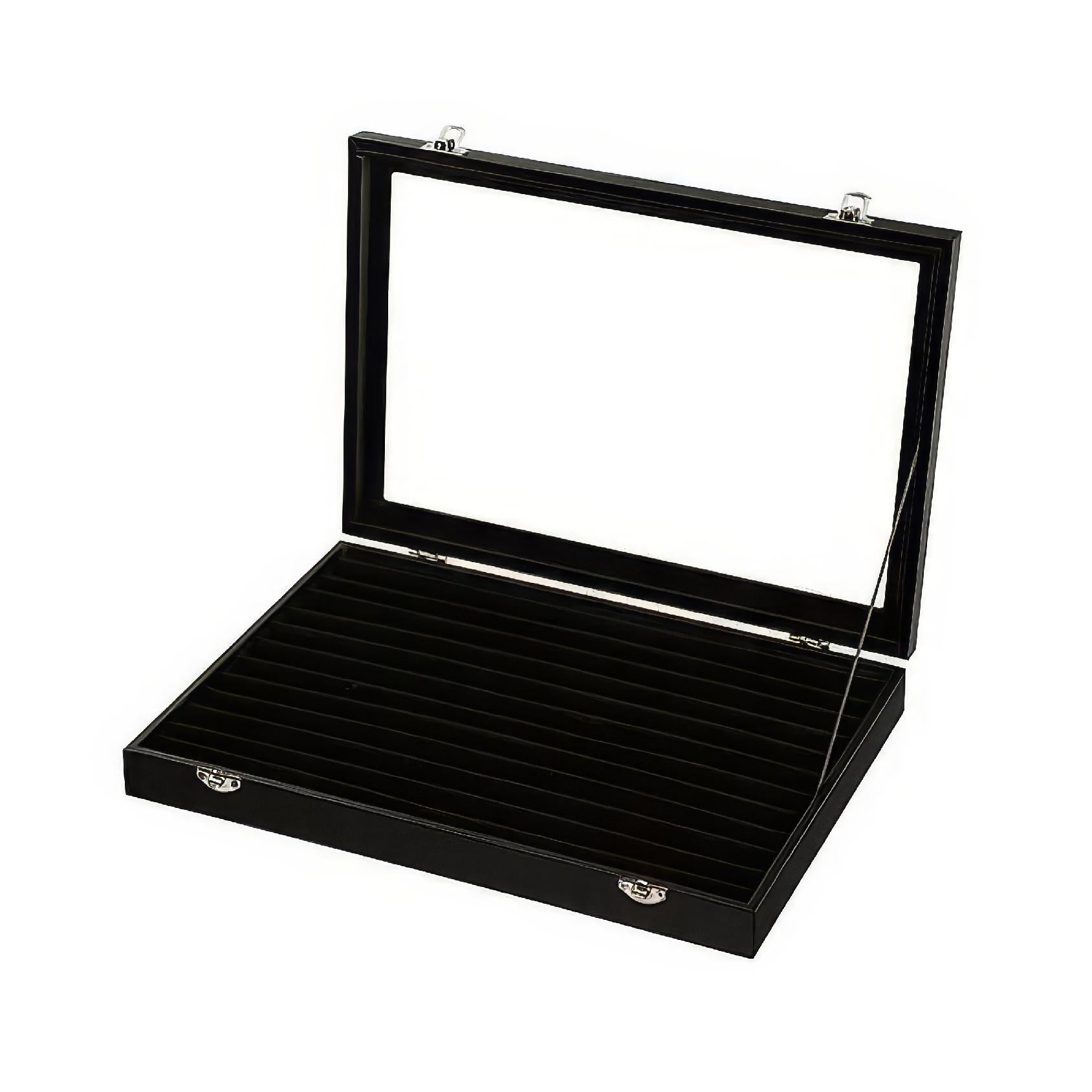 Open black ring display case with velvet interior and multiple padded rows for jewellery storage