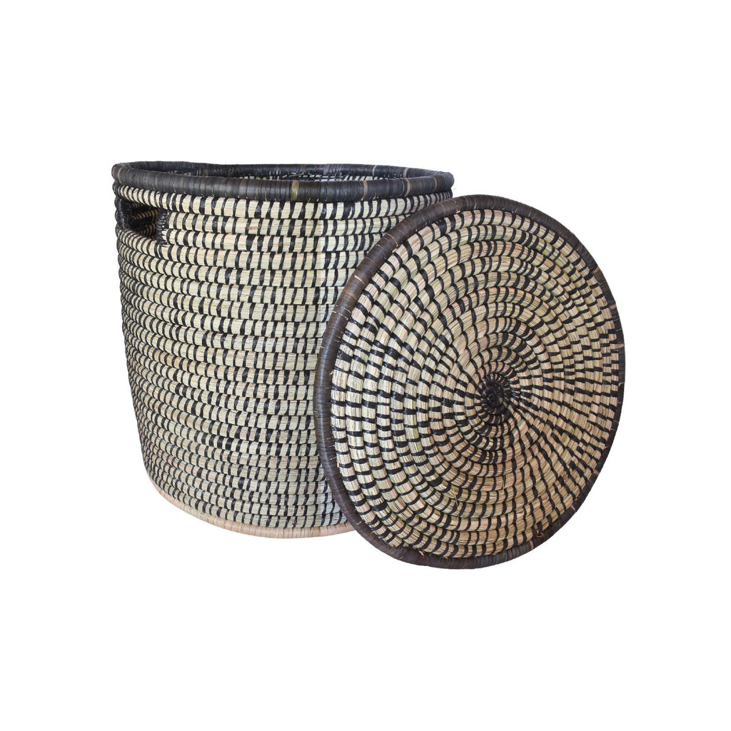 Black round woven basket with lid