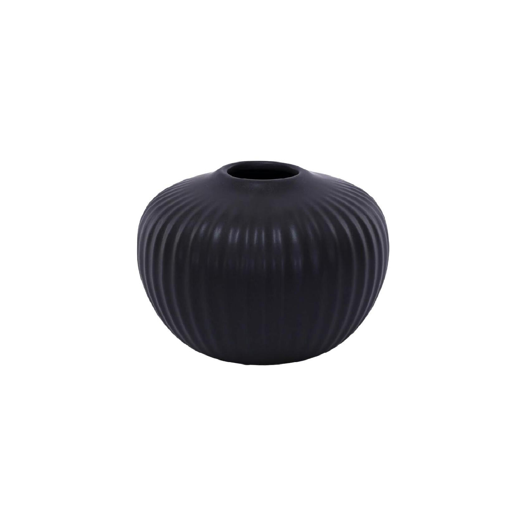 Round black ribbed ceramic vase