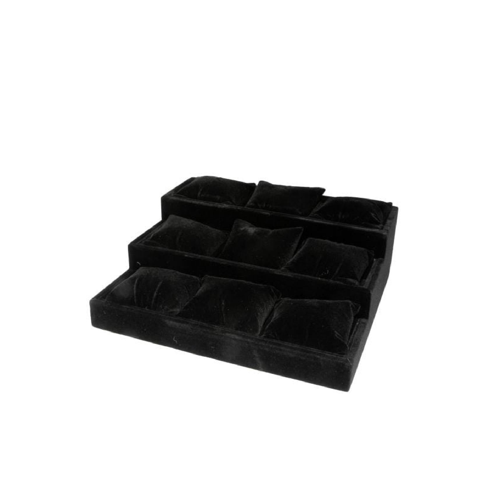 Black velvet tiered display stand with soft cushions