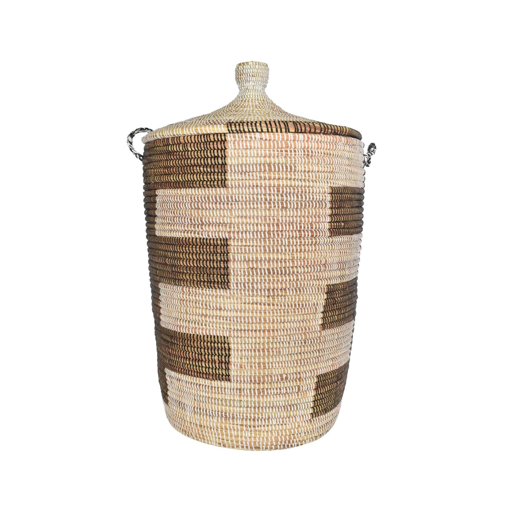Black and white woven basket with lid