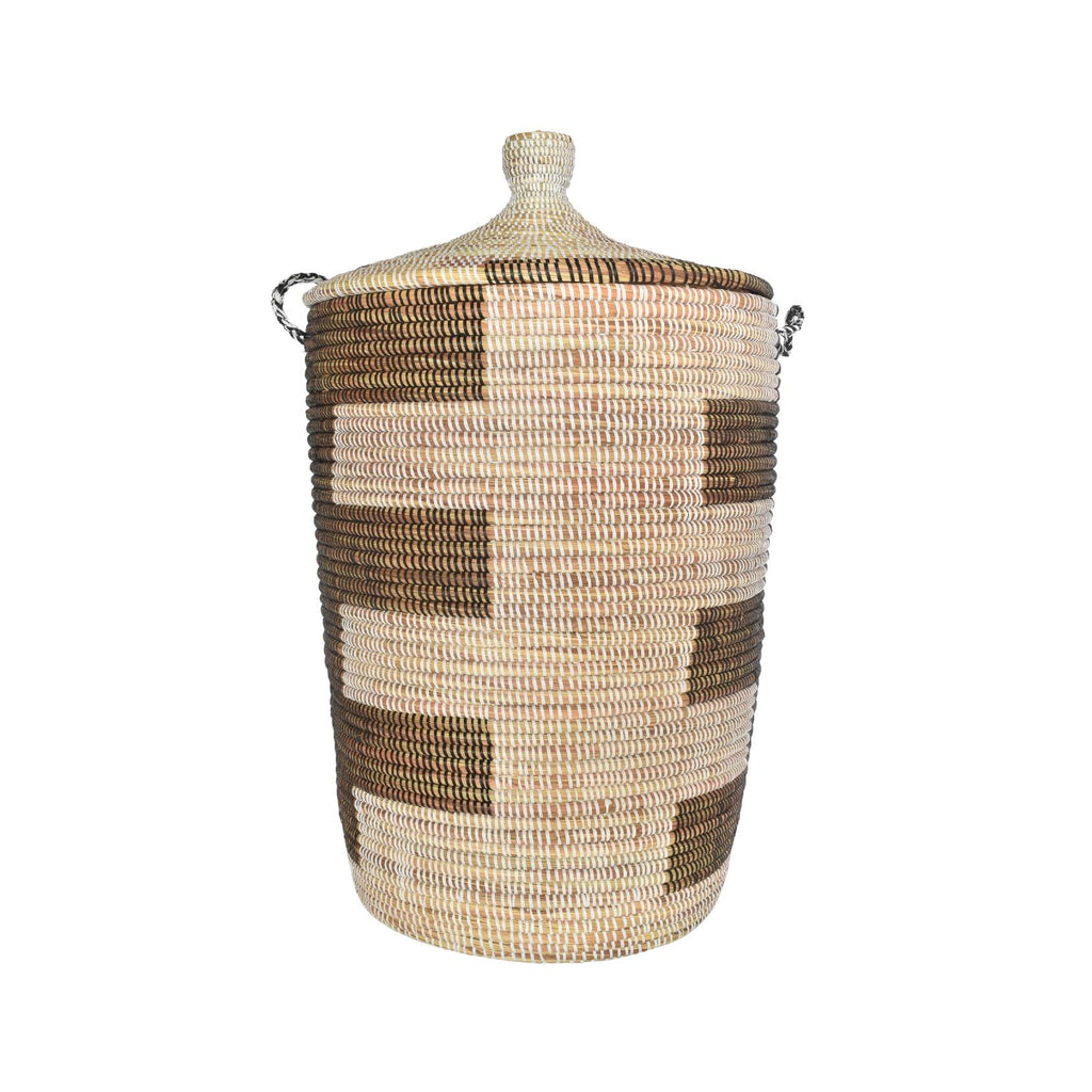 Black and white woven basket with lid