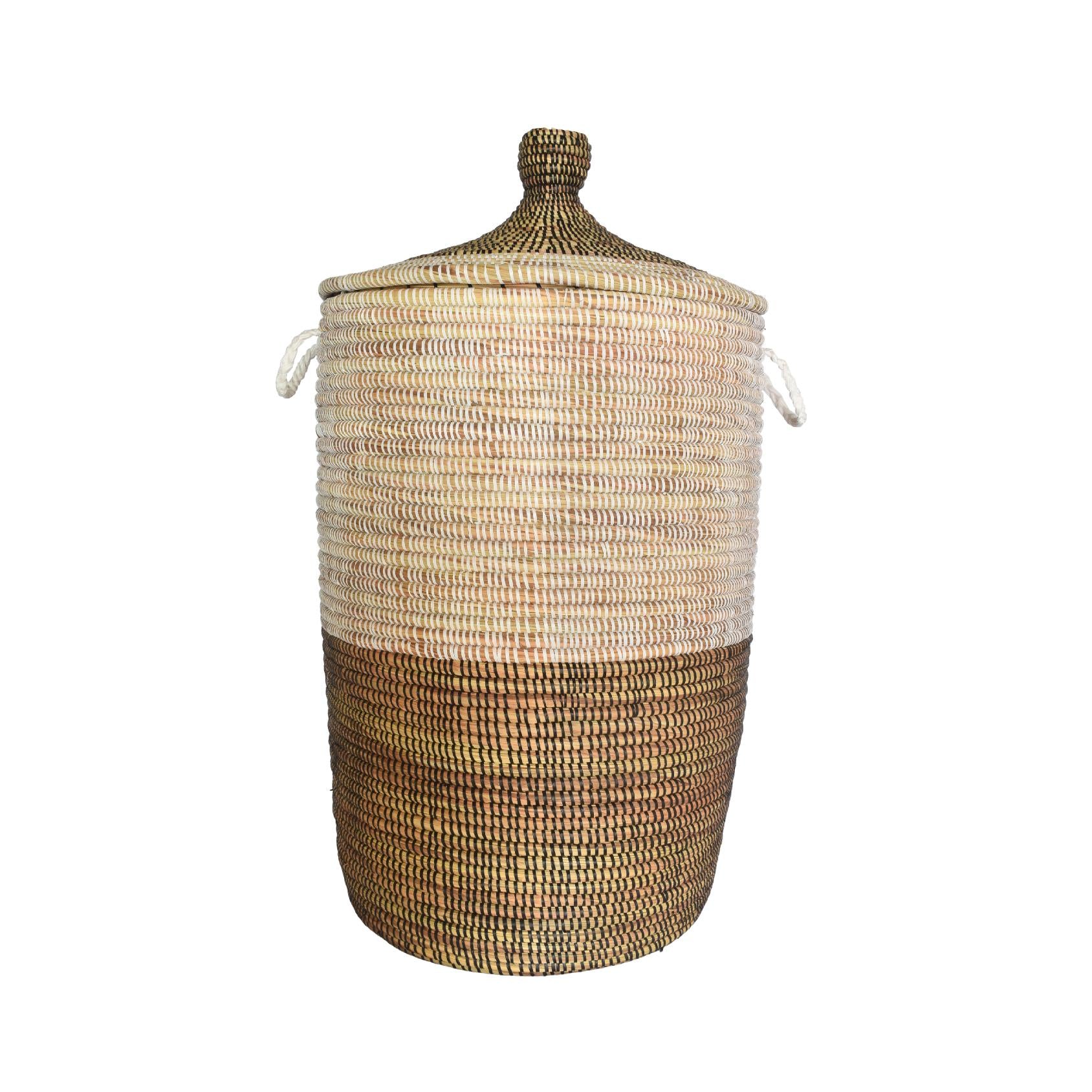 Black and white woven basket with lid