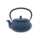 A blue cast iron teapot with a textured surface and black handle