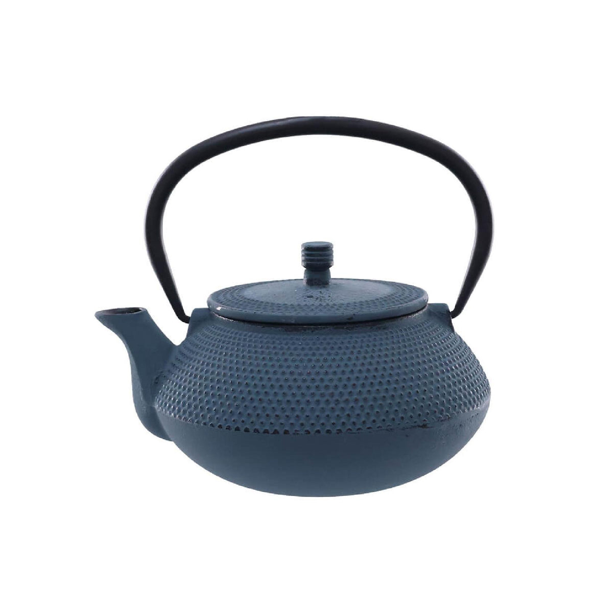 A blue cast iron teapot with a textured surface and black handle