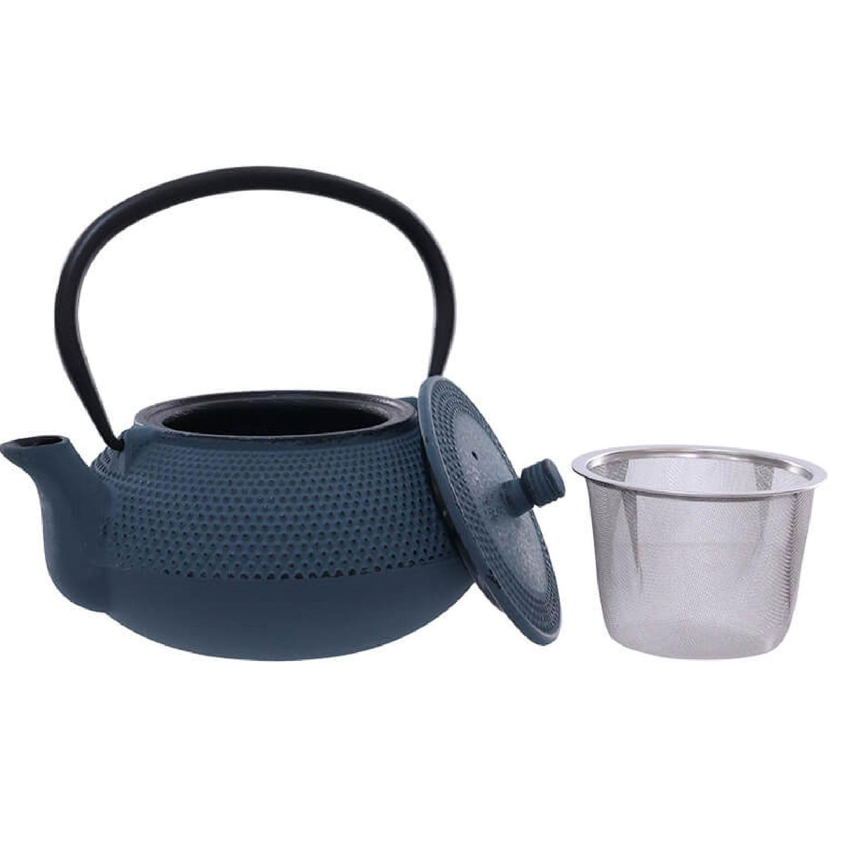 A blue cast iron teapot with a textured surface, a black handle and a stainless steel infuser
